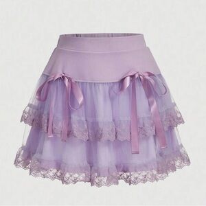 SHEIN MOD Women's Double-Layered Mesh Skirt With Bow Decoration And Ruffled Hem